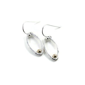 Modern minimalist sterling silver leaf earrings with gold dewdrops by Mikel Grant Jewellery.