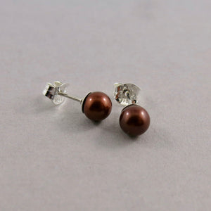 Simple chocolate pearl studs in sterling silver by Mikel Grant Jewellery.