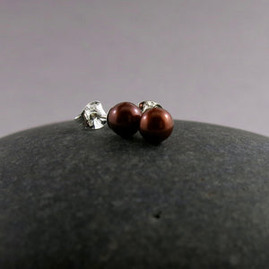 Simple chocolate pearl studs in sterling silver by Mikel Grant Jewellery.