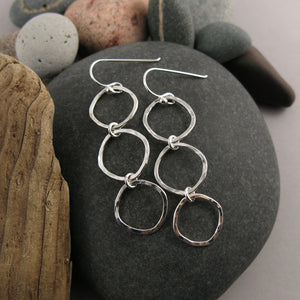 Soft Square Trio Drop Earrings • Hammer Textured Sterling Silver