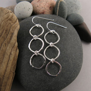 Soft Square Trio Drop Earrings • Hammer Textured Sterling Silver