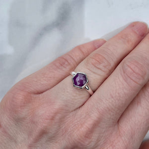 Pink star sapphire hexagon ring in sterling silver by Mikel Grant Jewellery. Viva Magenta Jewellery Collection.