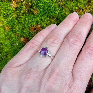 Pink star sapphire hexagon ring in sterling silver by Mikel Grant Jewellery.  Viva Magenta Jewellery Collection.