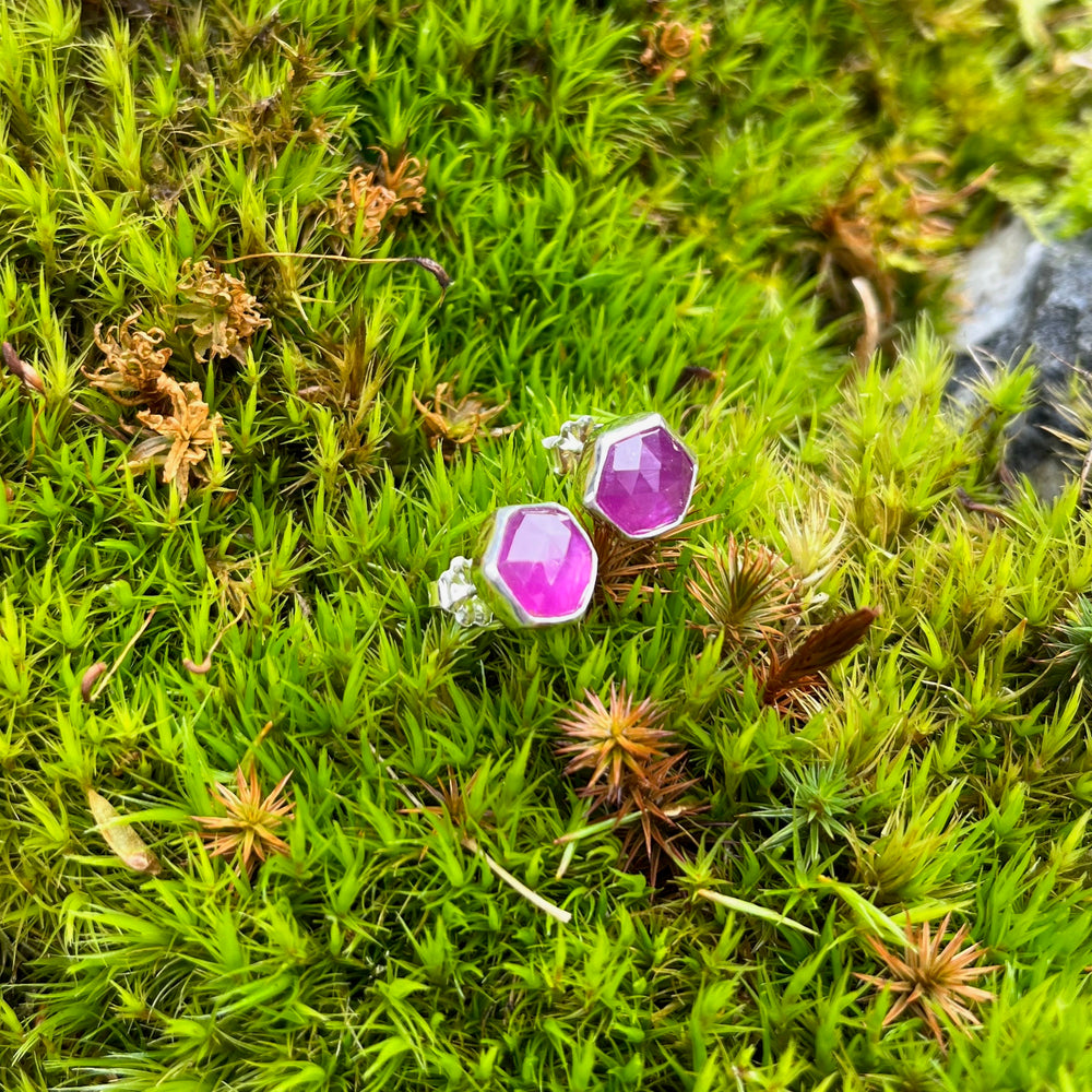 Star sapphire hexagon studs in sterling silver by Mikel Grant Jewellery.  Viva Magenta Jewellery Collection.