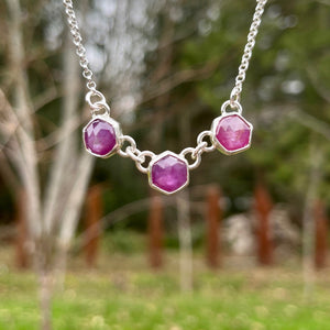 Pink star sapphire hexagon trio necklace in sterling silver by Mikel Grant Jewellery.  Viva Magenta Jewellery Collection.