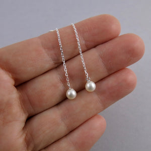 White pearl threader earrings with diamond cut cable chain by Mikel Grant Jewellery.