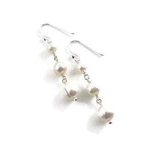 White pearl trio drop earrings in sterling silver by Mikel Grant Jewellery.