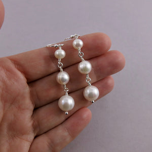 White pearl trio drop earrings in sterling silver by Mikel Grant Jewellery.