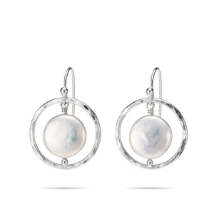 White coin pearl earrings in sterling silver by Mikel Grant Jewellery.