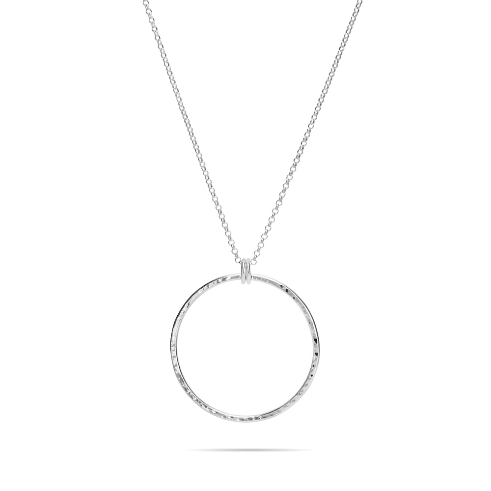 Artisan made open circle necklace in thick, hammer textured sterling silver with a long 30" silver rolo chain by Mikel Grant Jewellery.